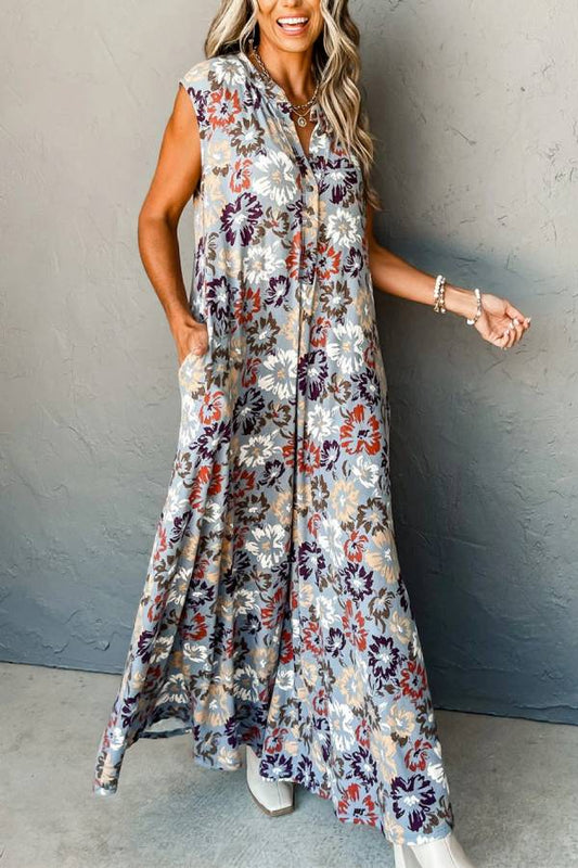 Sky Blue Floral Sleeveless Pocketed Wide Leg Jumpsuit