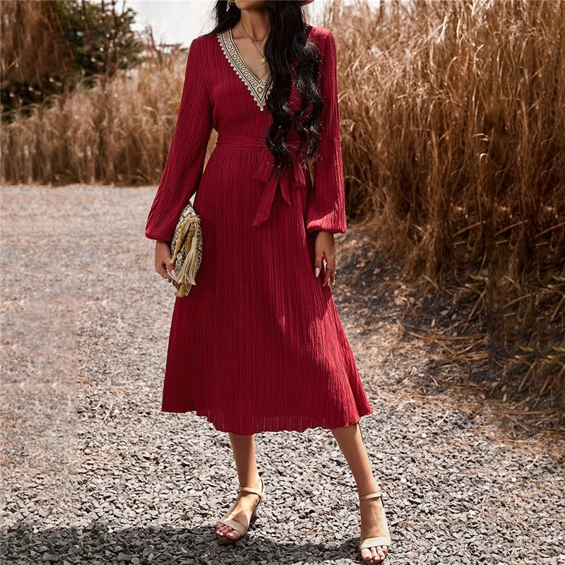 Long Sleeves V-Neck Waist Tied A-Line Midi Dress