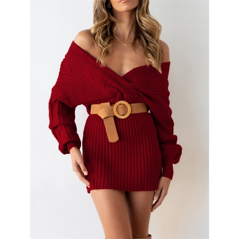 Original Wrap Long Sleeves Jacquard Solid Color Deep V-Neck Sweater Dresses
