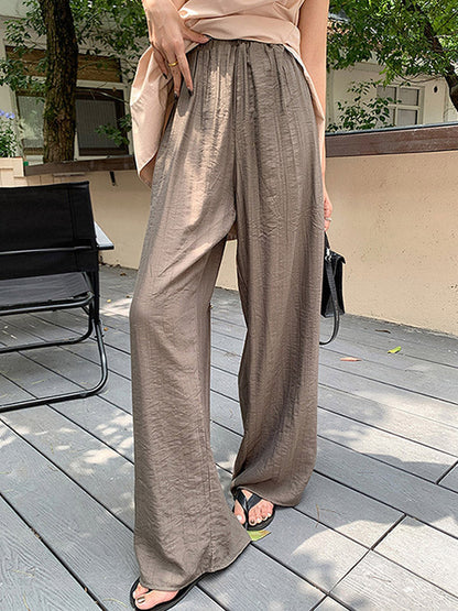 High Waisted Loose Elasticity Pleated Pockets Solid Color Pants