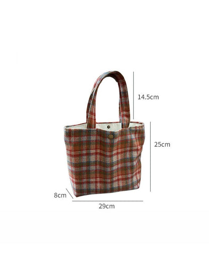 Cosbai - Canvas Shoulder Bag with Orange Plaid Patterns