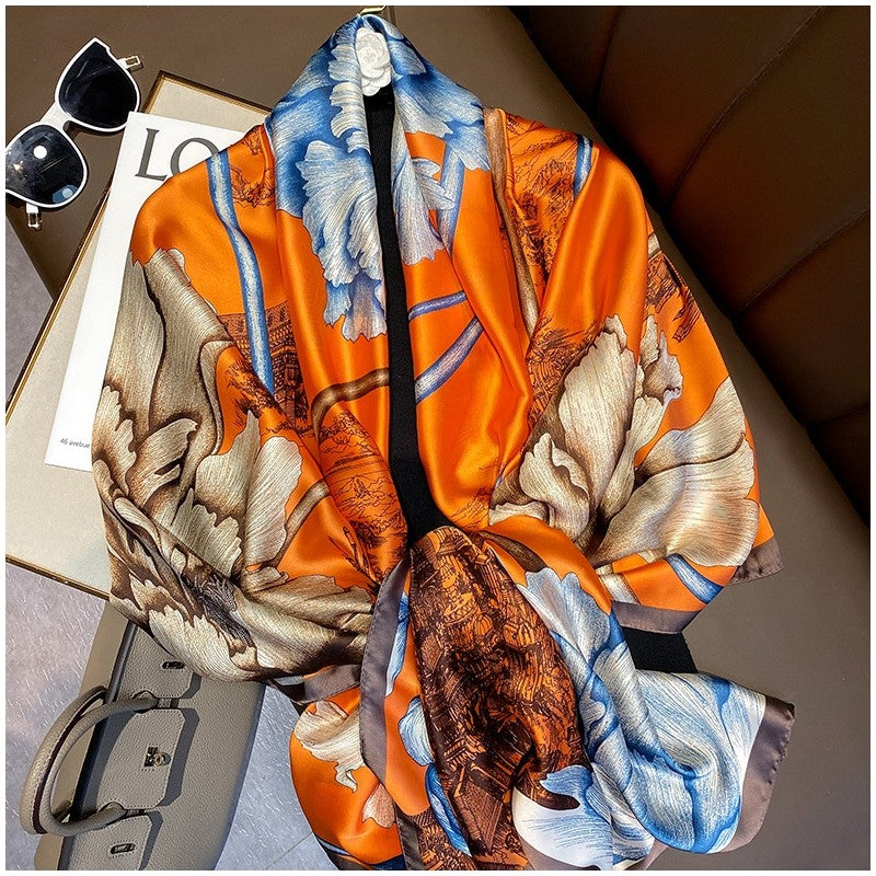 Contrast Print Long Silk Scarf