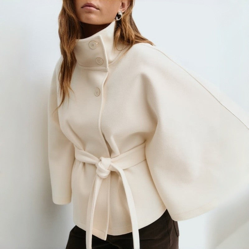 Stand Collar Button Belt Trench Coat Polyester