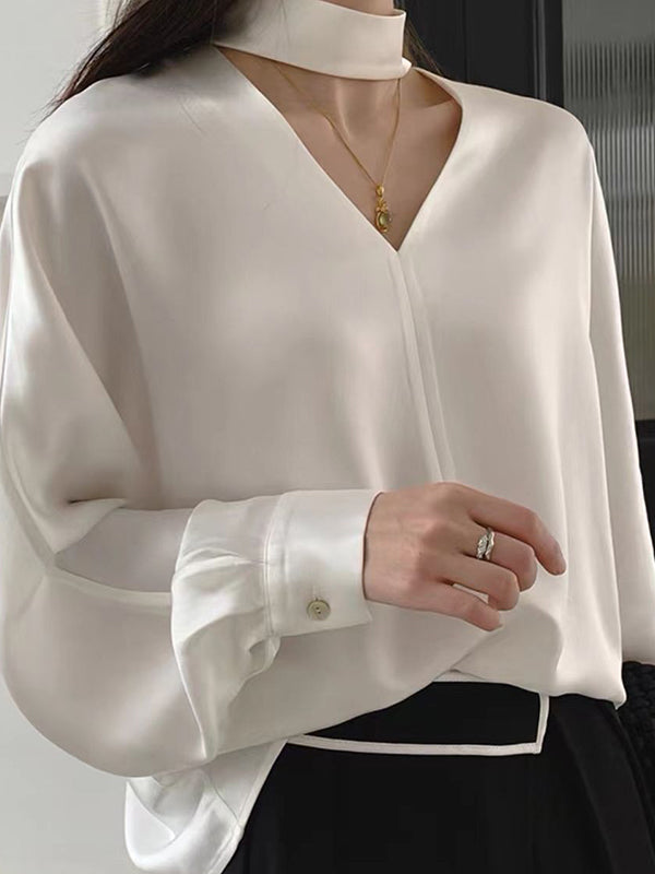 Wrap Hollow Solid Color V-Neck Blouses&Shirts Tops