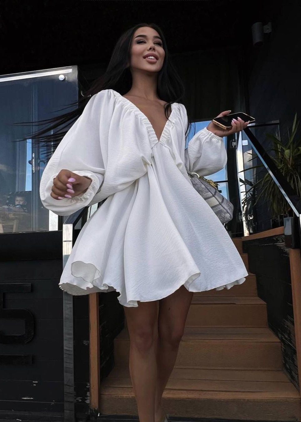 V Neck Lantern Sleeve Dress In Premium Fabric