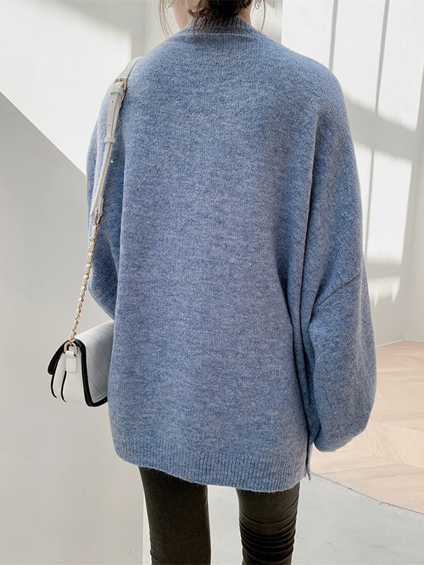 Loose Puff Sleeves Split-Side Solid Round-Neck Sweater Tops