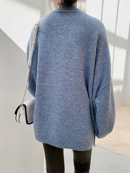 Loose Puff Sleeves Split-Side Solid Round-Neck Sweater Tops