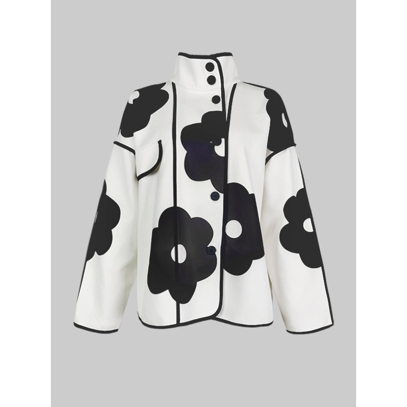 Long Sleeves Loose Contrast Color Flower Print Split-Joint Stand Collar Jackets Outerwear