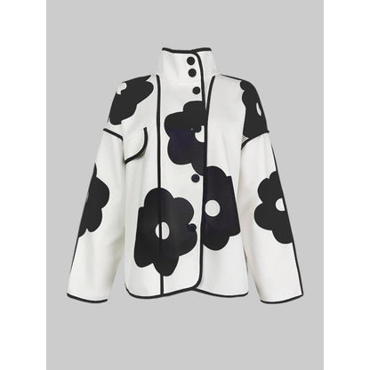Long Sleeves Loose Contrast Color Flower Print Split-Joint Stand Collar Jackets Outerwear