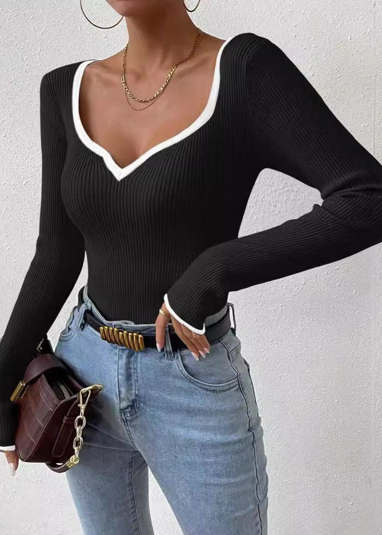 Ribbed Knit V Neck Sweater with Contrast Trim
