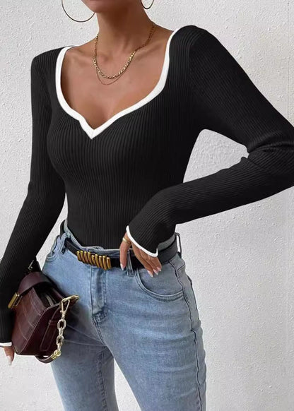 Ribbed Knit V Neck Sweater with Contrast Trim