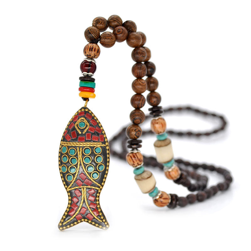Nepal Handmade Original Pendant Wooden Bead Necklace Female Beads Retro Art Necklace Sweater Chain Clothing Accessories