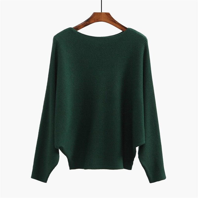 Solid Color One-Word Collar Bat Sleeve Knit Sweater