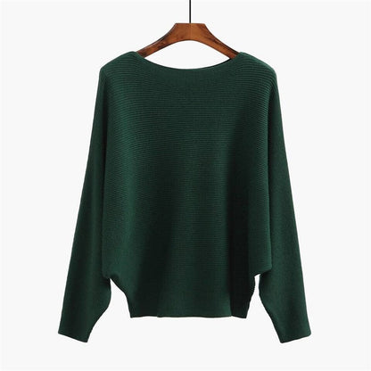 Solid Color One-Word Collar Bat Sleeve Knit Sweater