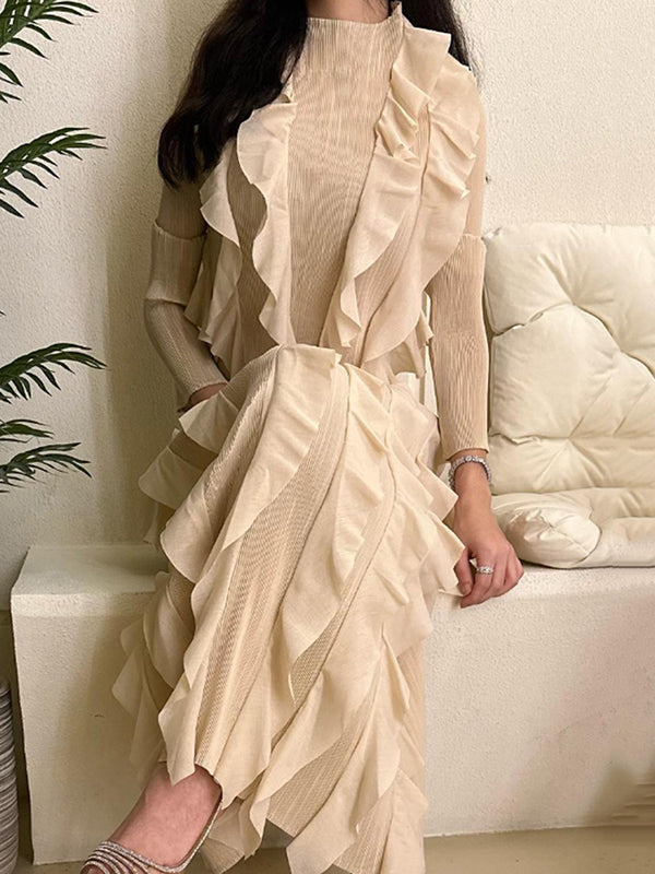 Solid Color Bodycon Pleated Ruffled Long Sleeves Maxi Dresses