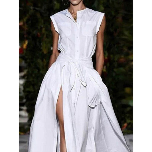 Cap Sleeve Loose Buttoned Solid Color Split-Joint Tied Waist Round-neck Maxi Dresses Shirt Dress