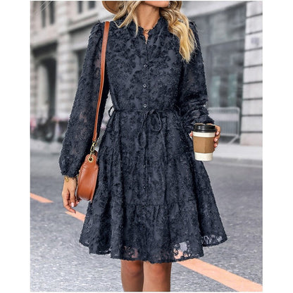 Ladies Lace Stand Collar Long Sleeve Shirt Dress