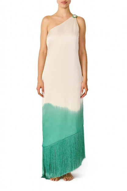 Vibrant Ombré Print Ruched One Shoulder Tassle Trim Vacation Maxi Dress