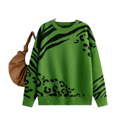 Leopard Print Long Sleeve Crew Neck Loose Sweater