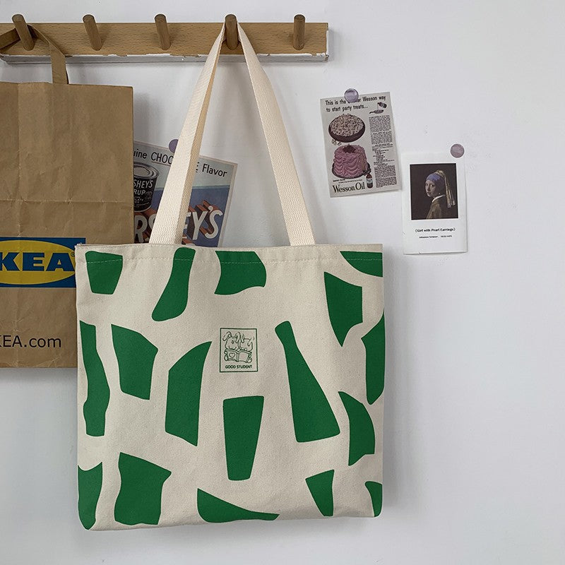 Zippered Canvas Handbag With Artistic Design