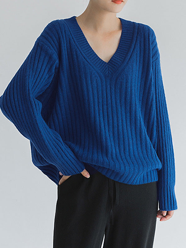 Casual Loose Solid Color V-Neck Sweater Tops