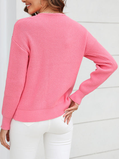 Long Sleeves Loose Solid Color V-Neck Knitwear Pullovers Sweater Tops