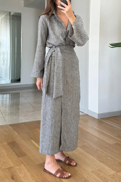 Casual Lapel Shirt \u0026 Lace-Up Two-Piece Overskirt Set