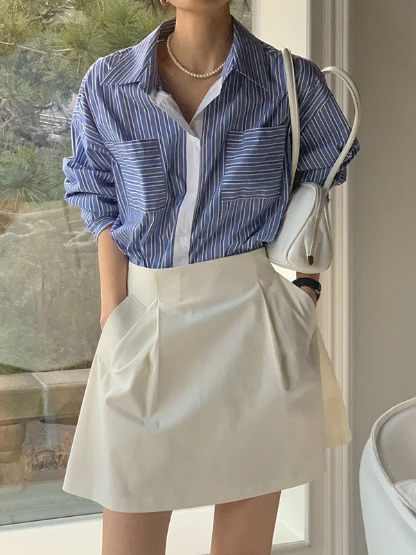 Long Sleeves Loose Buttoned Contrast Color Pockets Striped Lapel Blouses&Shirts Tops