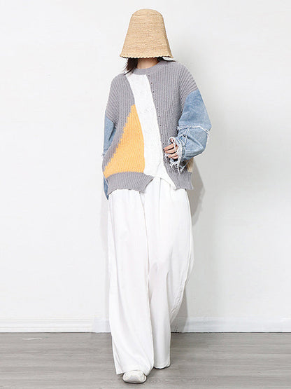 Stylish Denim Knitting Split-Joint Contrast Color Sweater Top
