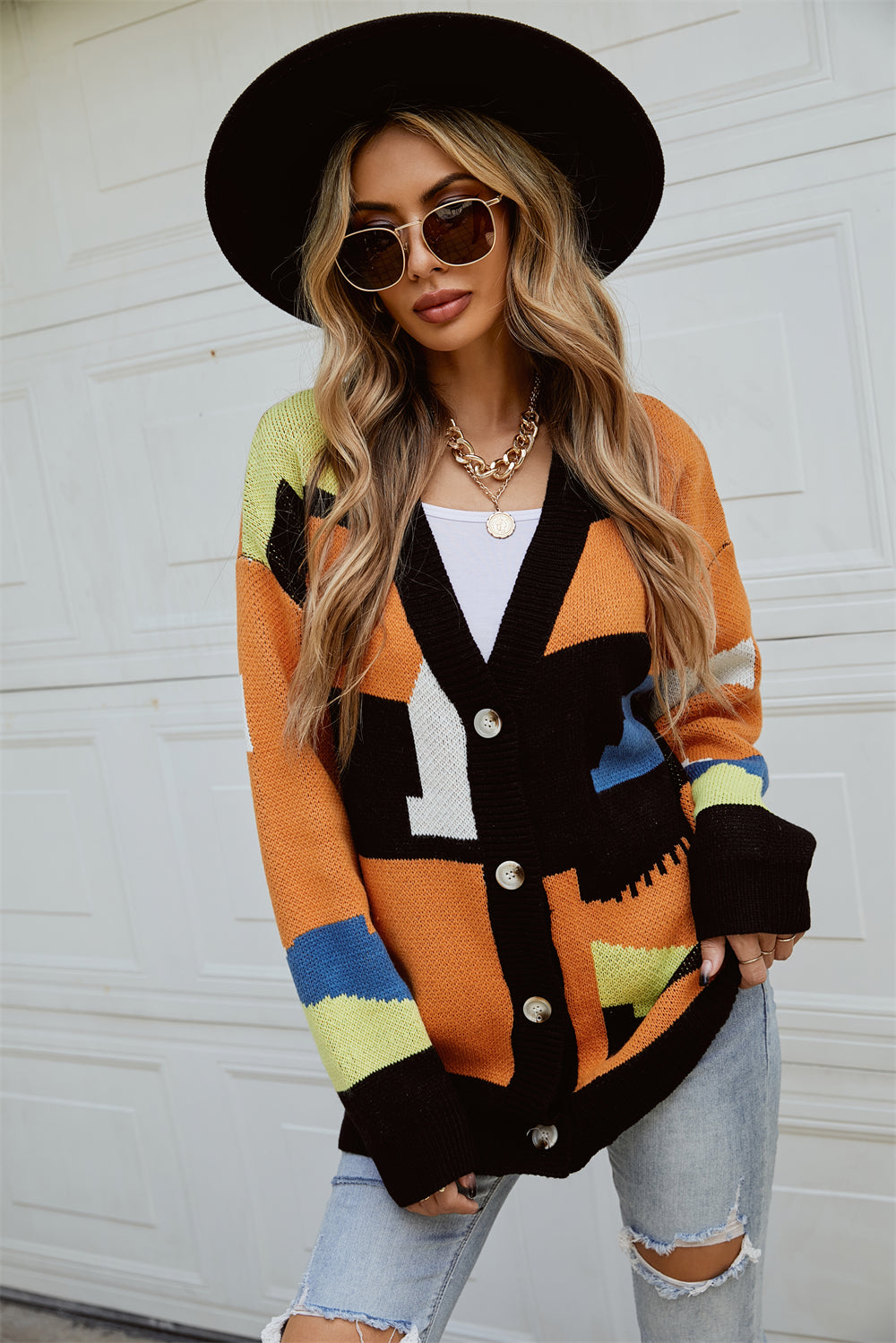 Knitted Street Lazy Single-Breasted Stitching Fashionable Sweater Coat