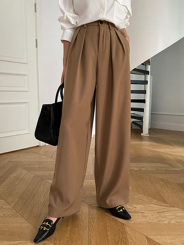 Loose Wide Leg Pleated Solid Color Pants Trousers