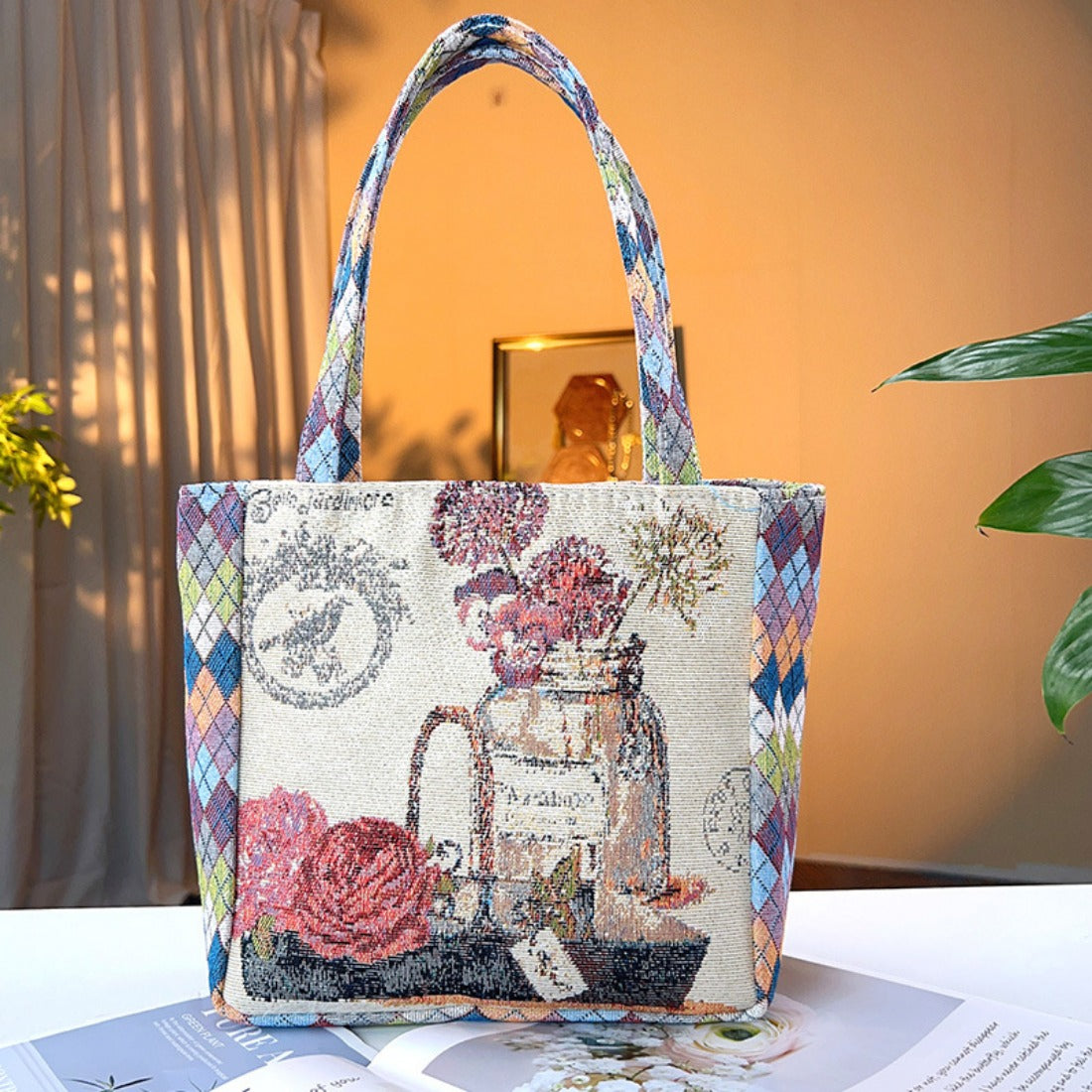 Cosbai - Diamond Pattern Lace Print Canvas Tote Bag