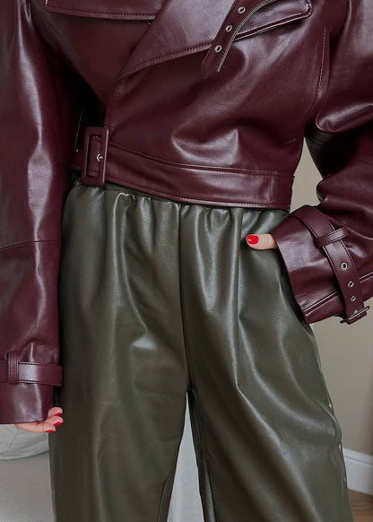 Cropped Faux Leather Moto Jacket In Burgundy