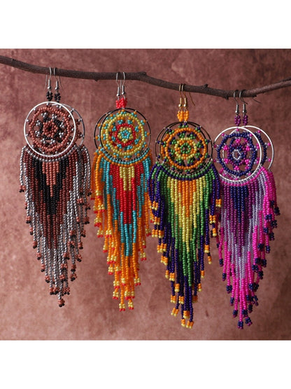 Earwish - Boho Colorful Beaded Fringe Earrings - Playful &amp; Brightly