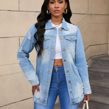 Long Denim Coat Cotton Classic Lapel Outerwear