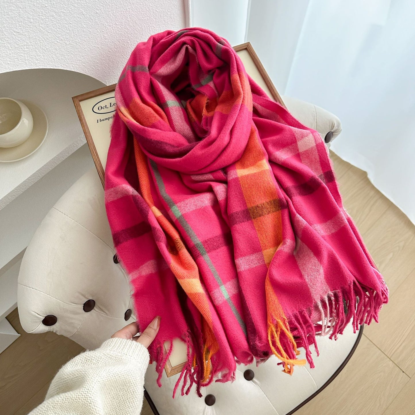 Scarvii - Reversible Color-Block Plaid Scarf with Fringe