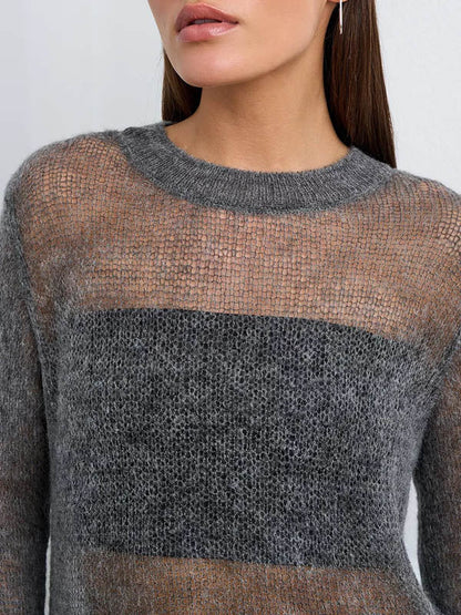 Long Sleeves Loose See-Through Solid Color Round-Neck Sweater Tops