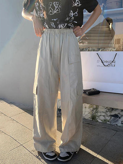High Waisted Loose Drawstring Elasticity Pockets Solid Color Split-Joint Pants Trousers