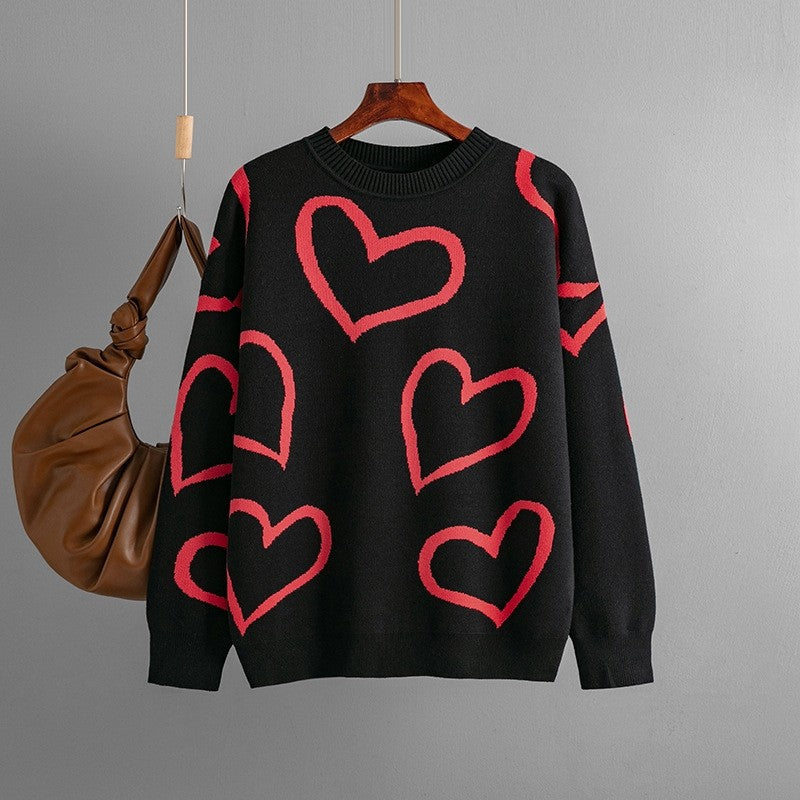Round Neck Heart Print Contrast Sweater