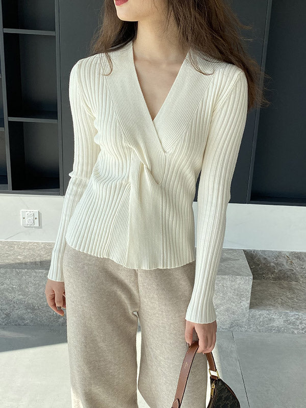 Long Sleeves Loose Knot Solid Color V-Neck Pullovers Sweater Tops