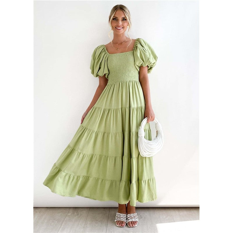 Boat Neck Puff Sleeve Elastic Waist A-Line Long Dress