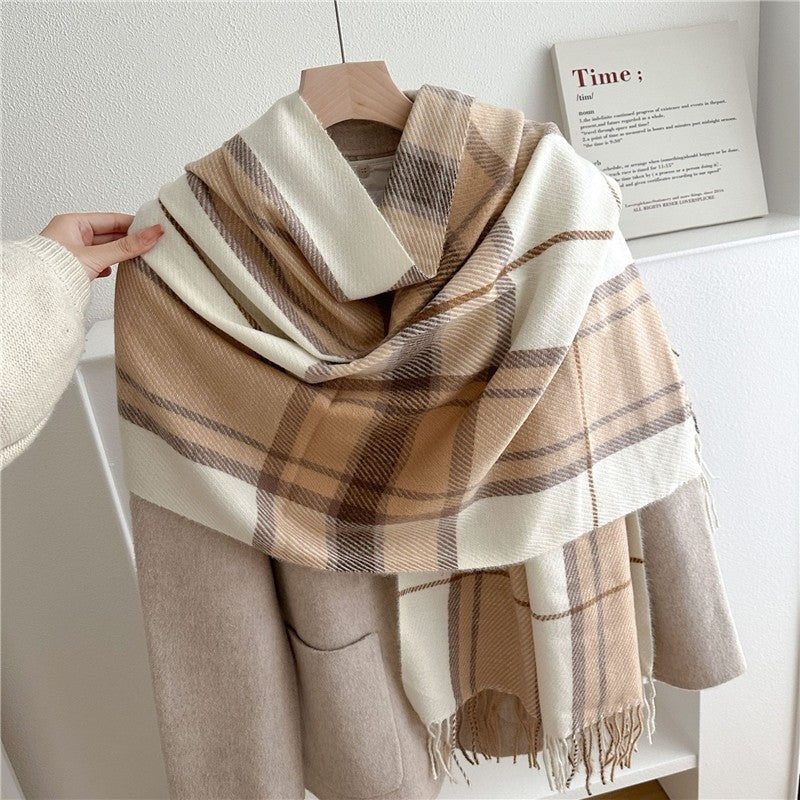 Color Block Plaid Fringe Scarf