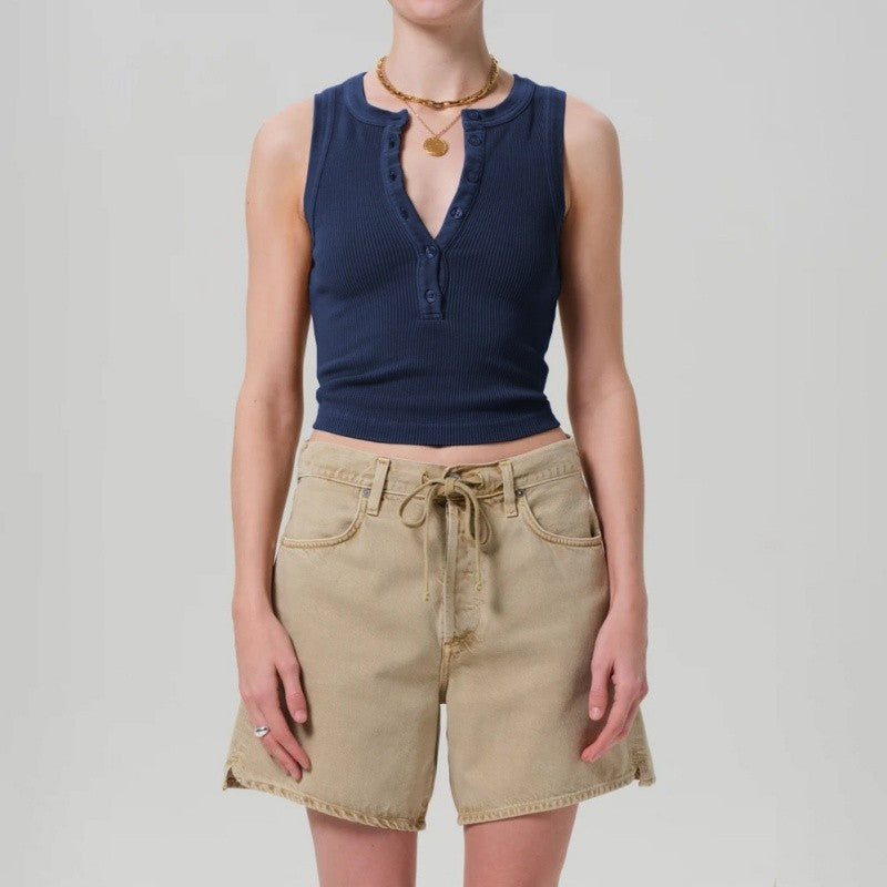Round Neck Button Ribbed Sleeveless Vest