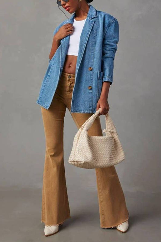 Notch Lapel Button Front Pocketed Denim Blazer