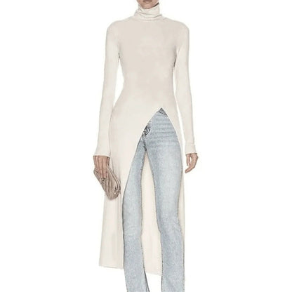 Skinny Solid Color Split-Side High-Neck T-Shirts Tops