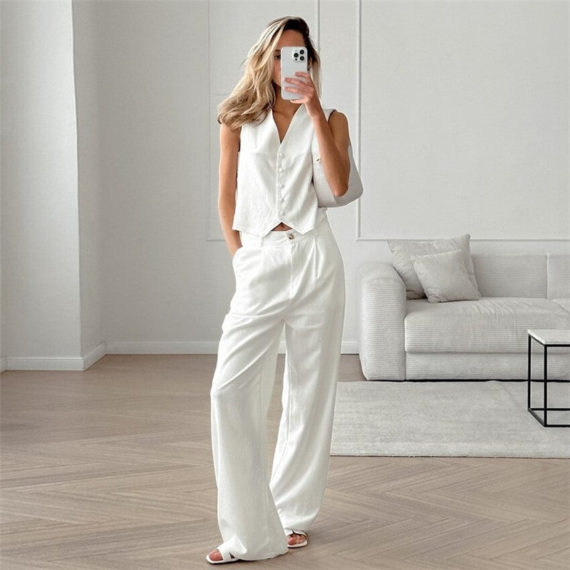 White Linen Blend Sleeveless Blazer And Trousers Set