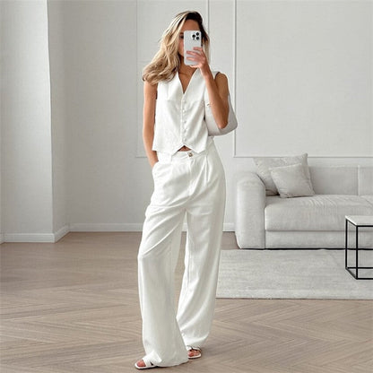 White Linen Blend Sleeveless Blazer And Trousers Set