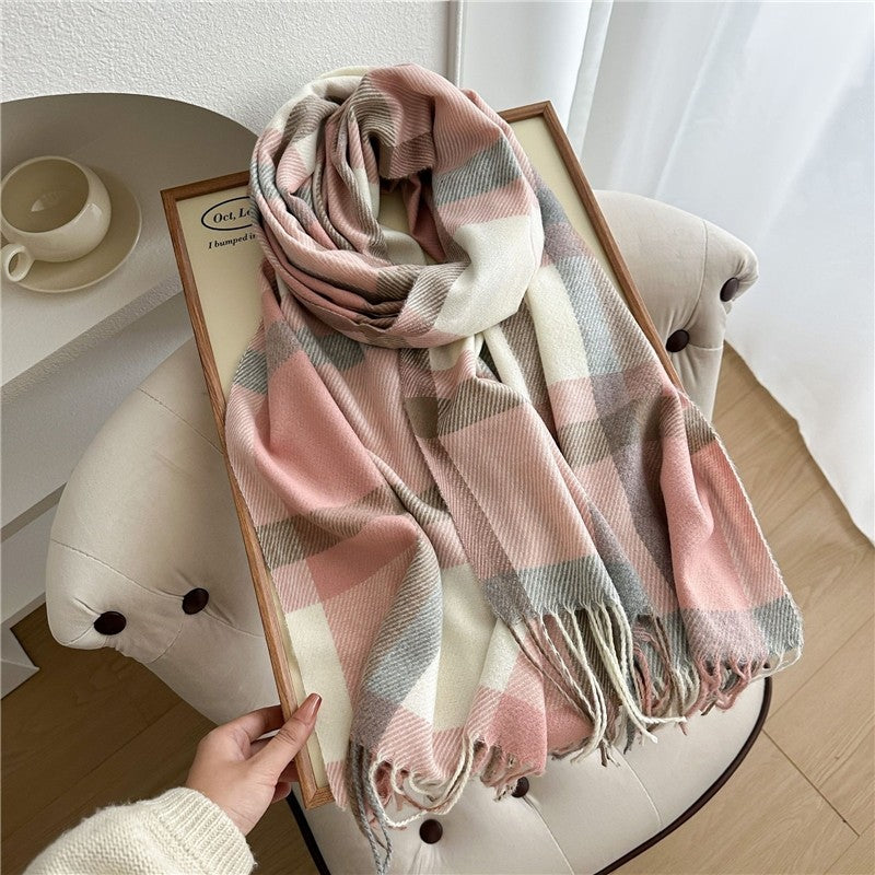 Color Block Plaid Fringe Scarf