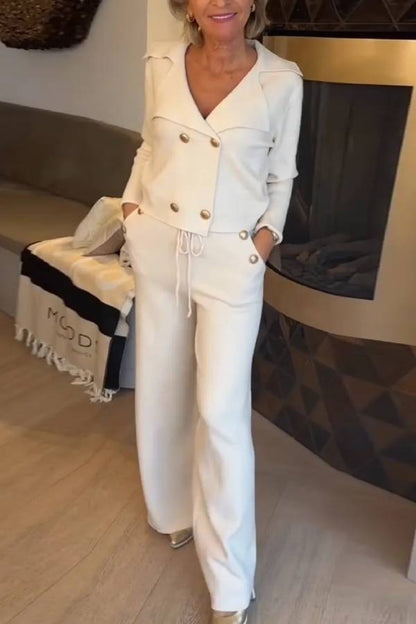Pearl-button short suit with wide-leg pants