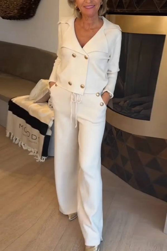 Pearl-button short suit with wide-leg pants